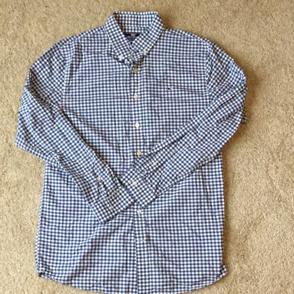 Vineyard Vines Whale Shirt boys XL (18) Nylon navy/white gingham button down